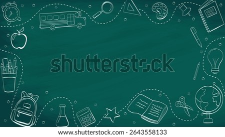Back to school in chalk doodle style on blackboard. Template of a school poster with hand drawn accessories and copyspace. Banner template with school supplies frame. Vector illustration