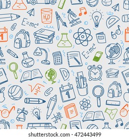 Back to school chalk doodles black seamless pattern. Education elements 
clip-art for design