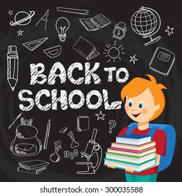 Back to school. Chalk doodles on blackboard. Flat vector student illustration.