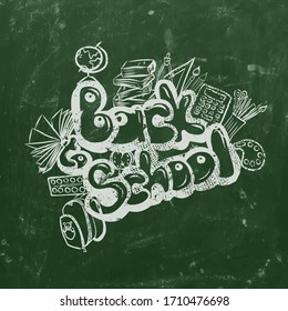 Back to school. Chalk drawing on the blackboard. A set of school subjects. Vector illustration