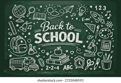 Zurück zur Schule Kreide gezeichnet doodle Symbol-Set mit Schulbedarf Schreibwaren Schriftzug und Banner Vektorgrafik