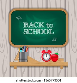 Back to school chalk with green chalkboard with clock, pencil case, apple, ruler, on the shelves with wood background. Poster, banner, flyer. Vector illustration