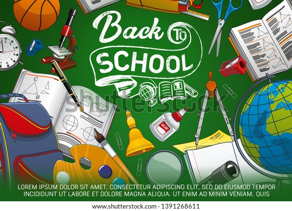 Back to school chalk inscription with studying\
signs. Vector welcome to study lettering and stationery supplies.\
Textbook and globe, backpack and spyglass, compass divider,\
microscope and basketball