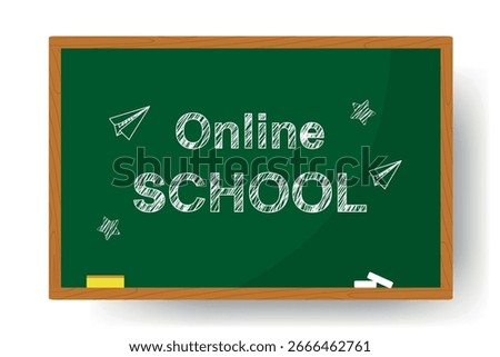 Back to school chalk text on green blackboard in wooden frame. Realistic school board for online learning, education, and classroom design. Isolated on white background.