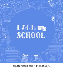 Back to school chalk vector social media banner template. Office stationery store advertising poster layout with text space. Smartphone, hourglass contour illustrations. Online education, elearning