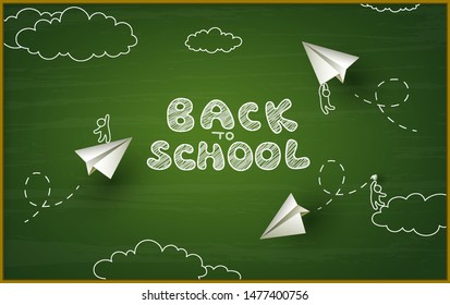 Back to school chalkboard background. Green school board with little men flying on white paper airplanes. Vector cartoon children and planes.
