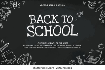 Back to school chalkboard background with hand drawn education doodle illustrations, school supplies, science symbols and copy space. White chalk sketch elements on a blackboard.
