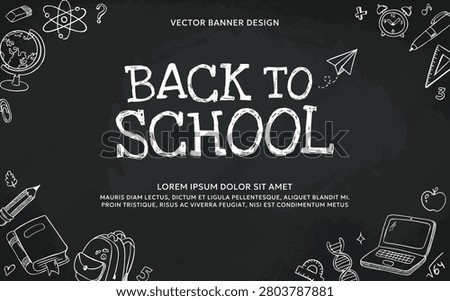 Back to school chalkboard background with hand drawn education doodle illustrations, school supplies, science symbols and copy space. White chalk sketch elements on a blackboard.