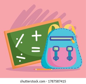 back to school, chalkboard and backpack elementary education cartoon vector illustration