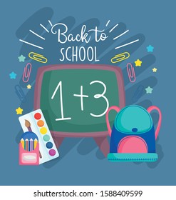 back to school, chalkboard, backpack, pencil color palette education vector illustration.