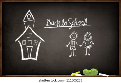 Back To School Chalkboard - Blackboard With Hand Drawn School Building And Kids, Doodle Style