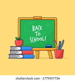 back to school chalkboard with book stack and student tools vector illustration. standing class wooden green board outline cartoon style flat design