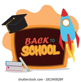 back to school, chalkboard books and graduation hat elementary education vector illustration