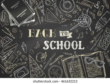 Back to school chalkboard card. Chalk education elements on blackboard background. Doodle outlined school supplies, colored pencils and paper, brush and paint, scissors and clips. Vector illustration.