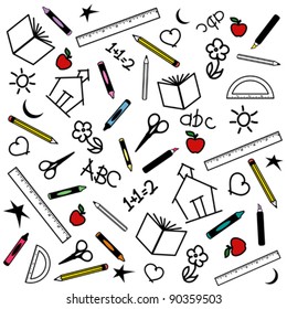 Back to School Chalkboard. Chalk drawings of apples, schoolhouses, books, rulers, pencils, pens, markers, protractors, crayons, scissors, ABCs, math grade school blackboard doodles. EPS8 compatible.