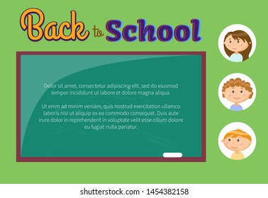 Back to school, chalkboard with chalk and pupils or children vector. Girls and boys, classroom furniture and students or kids, education and knowledge