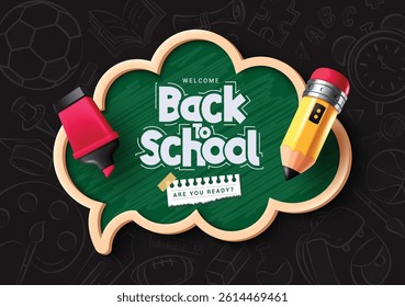 Back to school chalkboard clipart template design. School greeting text in wooden speech bubble green board clip art with highlighter and pencil educational elements in black doodle background vector 