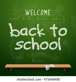Back to school chalkboard design lettering. Blackboard with text back to school, made with chalk.