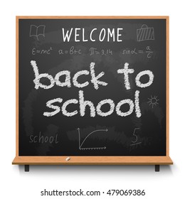 Back to school chalkboard design lettering. Blackboard with text back to school, made with chalk.