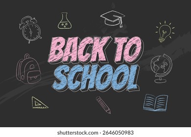 Back to school chalkboard design vector illustration letter typography. Line vector image showing Back to School text capturing students returning to learning
