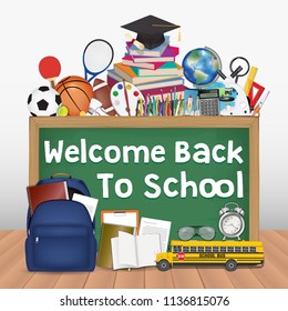 back to school chalkboard with education tools