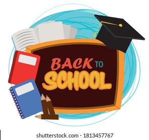 back to school, chalkboard graduation hat pencils books elementary education vector illustration