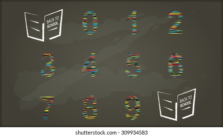 Back to school, Chalkboard with hand drawing booklet and number;