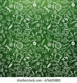 Back to school chalkboard with hand drawn pattern. Education background for posters, banners. School ideas for sketch styled banners, posters, wallpapers, presentations