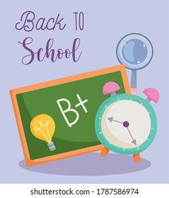 back to school, chalkboard magnifier and alarm clock elementary education cartoon vector illustration