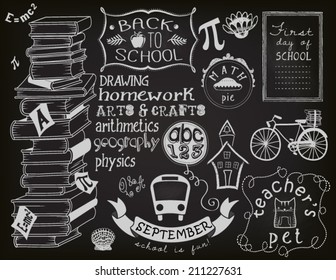 Back to school chalkboard, objects and symbols, including books, teacher's pet, bus, cartoon building, apple, bike and different frames and swirls