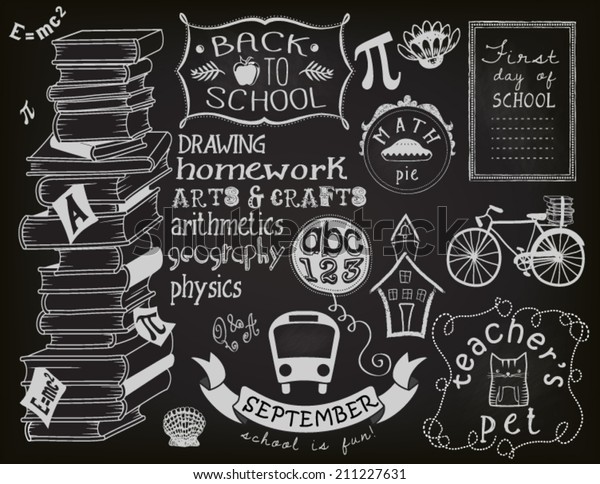 Back to school chalkboard, objects and\
symbols, including books, teacher\'s pet, bus, cartoon building,\
apple, bike and different frames and\
swirls