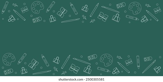 Back to school, chalkboard with outlined school supplies. Pencils, erasers, brushes, palette, sharpeners, pins. Vector banner, background illustration.