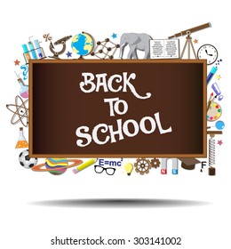 Back to School chalkboard with science symbols and design elements on background. Vector illustration.