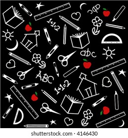 BACK TO SCHOOL CHALKBOARD. Scissors, books, rulers, schoolhouse, pens, pencils, protractor, abc, crayons, red apples for the teacher, for education, scrapbook, blackboard. EPS8 compatible.