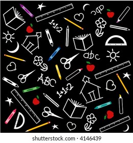 BACK TO SCHOOL CHALKBOARD. Scissors, books, rulers, schoolhouse, pens, pencils, protractor, abc, crayons, red apples for the teacher, education, scrapbooks, multi color blackboard. EPS8 compatible. 