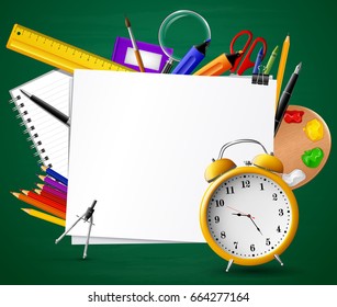 Back to school. Chalkboard with school supplies