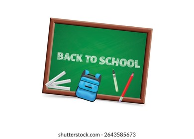 Back to school chalkboard with school supplies like pencils and rulers. Great for educational or promotional design.
