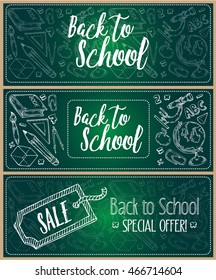 Back to school chalkboard three vector banner set with the hand drawn illustrations. Special offer, Sale emblems.