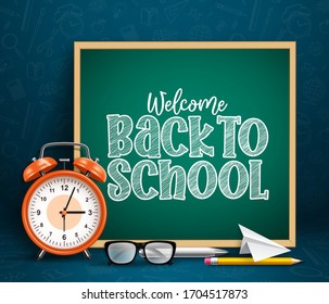Back to school chalkboard vector banner. Back to school text in chalkboard or blackboard with alarm clock, eyeglasses and pencil education elements and items in blue pattern background.
