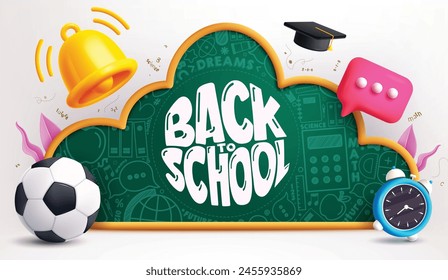 Back to school chalkboard vector template design. Back to school greeting text in green board cloud with educational ball, bell, alarm clock and graduation cap elements concept. Vector illustration 