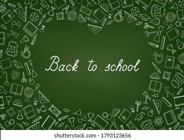 Back to School chalkboard wallpaper. Education drawn symbols pattern. School supplies icons doodle Classroom line art  background.