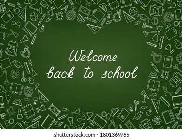 Back to School chalkboard wallpaper. Education drawn symbols pattern. School supplies icons doodle Classroom line art  background.