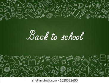 Back to School chalkboard wallpaper. Education drawn symbols pattern. School supplies icons doodle Learning subjects chalk drawn doodle icons background.
