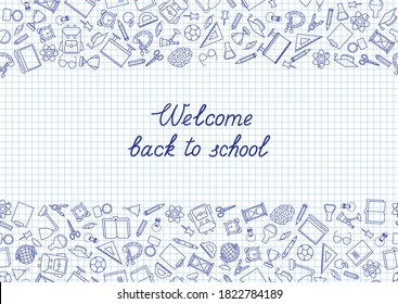 Back to School chalkboard wallpaper. Education drawn symbols pattern. School supplies icons doodle Learning subjects background.