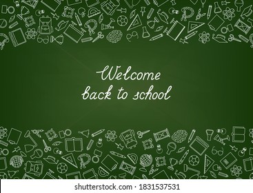 Back to School chalkboard wallpaper. Education drawn symbols pattern. School supplies icons doodle Learning subjects background.