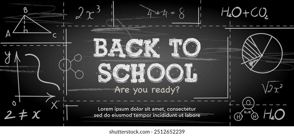 Back to school chalkboard web banner. Line hand drawing design with learning formulas, vector illustration