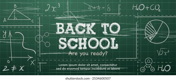 Back to school chalkboard web banner. Line hand drawing design with science learning formulas, vector illustration