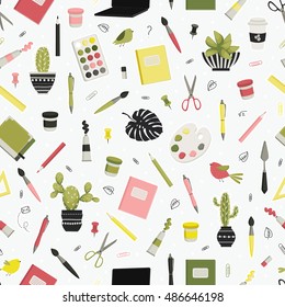  Back to school. Chancellery, office, education. Cute seamless pattern. All elements are  hidden under mask. Pattern are not cropped and can be edited.