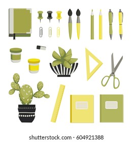 Back to school. Chancellery, office. Education vector set.