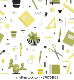 Back to school. Chancellery, office, education. Cute seamless pattern. All elements are  hidden under mask. Pattern are not cropped and can be edited